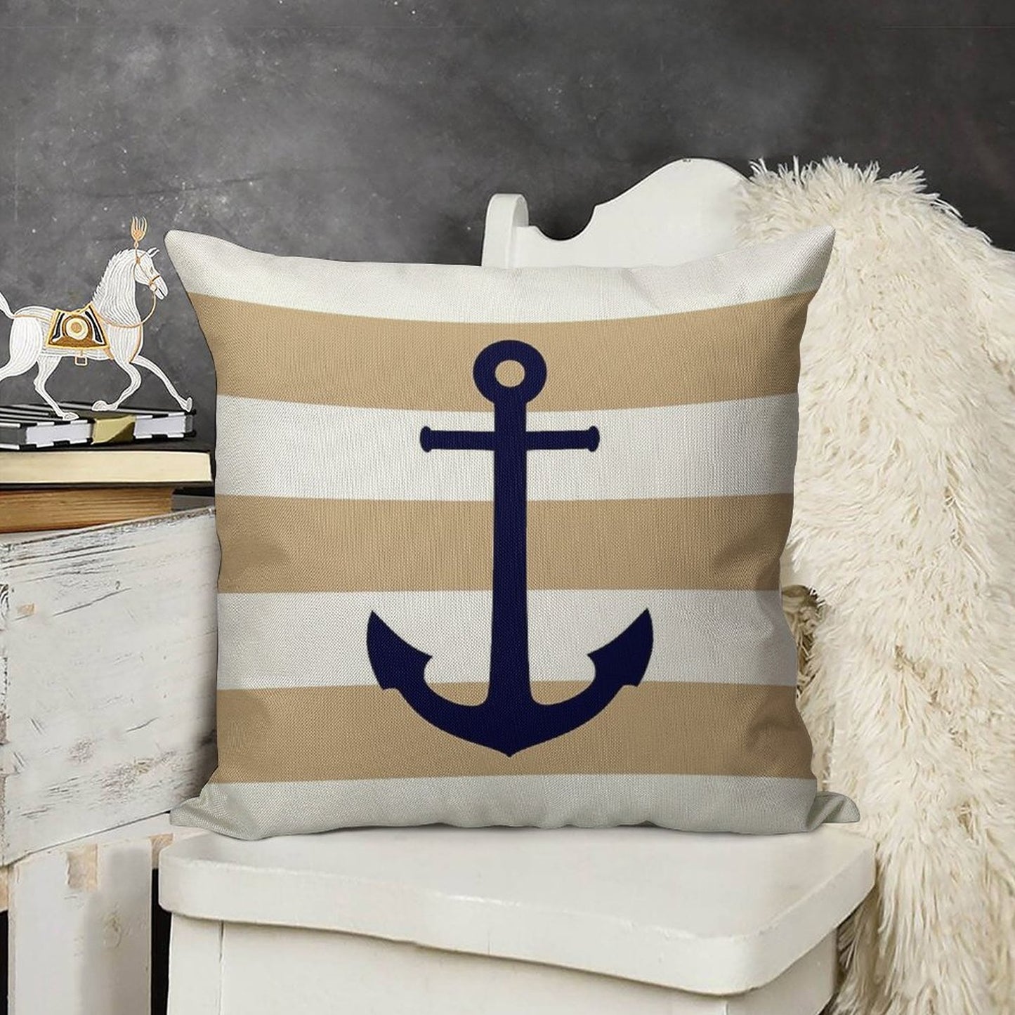 Nautical Navy Blue Anchor On Tropical Tan Stripes Linen Throw Pillow Cover