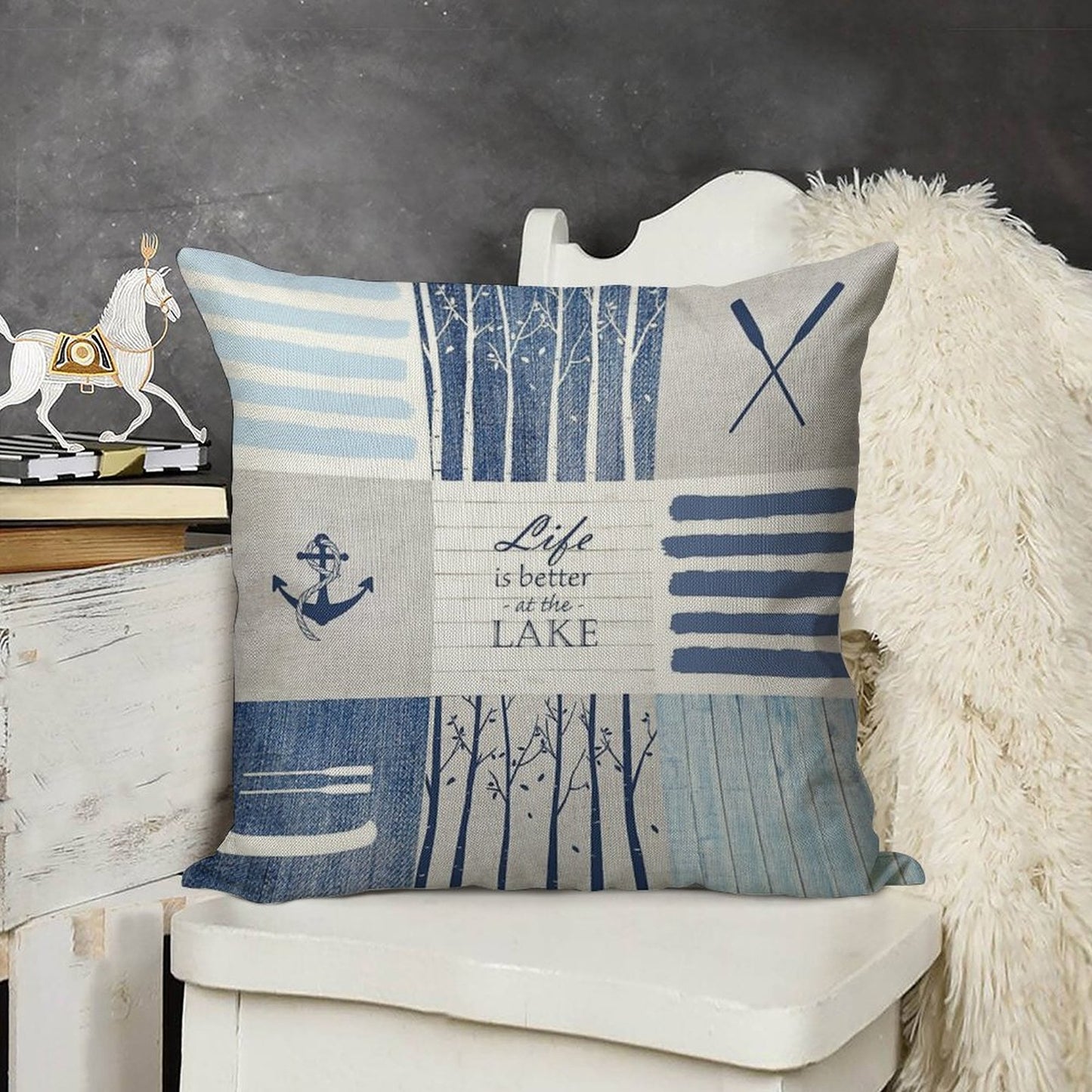 Life Is Better at The Lake Patchwork Linen Throw Pillow Cover