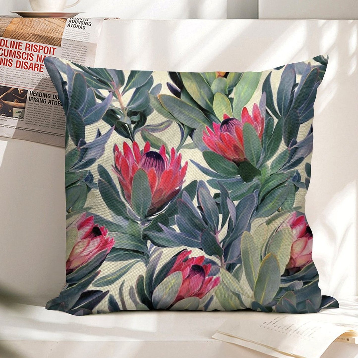 Painted Protea Pattern Linen Throw Pillow Cover