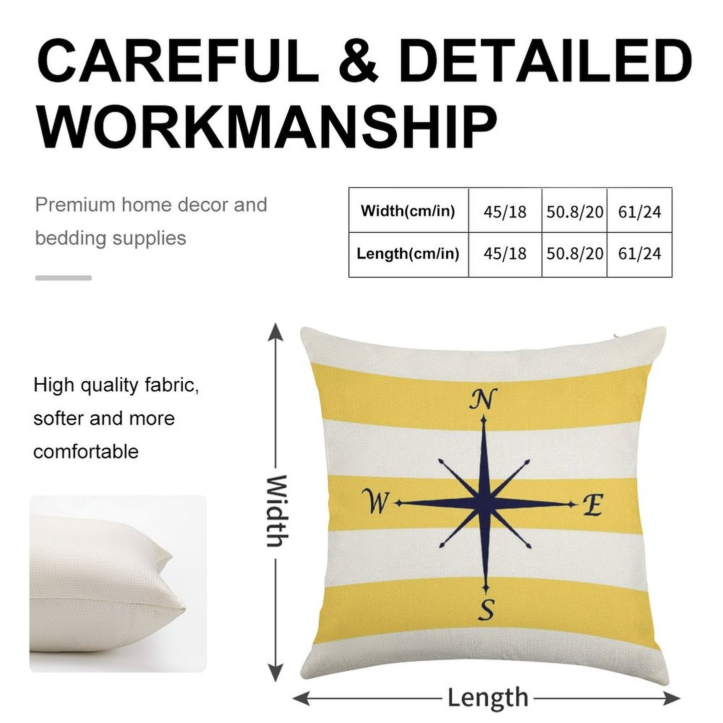 Navy Blue Compass On Mustard Yellow And White Stripes Linen Throw Pillow Cover