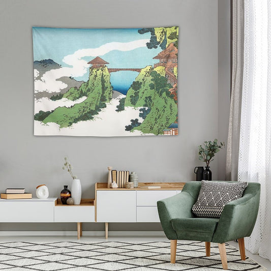 The Hanging-cloud Bridge at Mount Gyodo Near Ashikaga by Katsushika Hokusai Tapestry