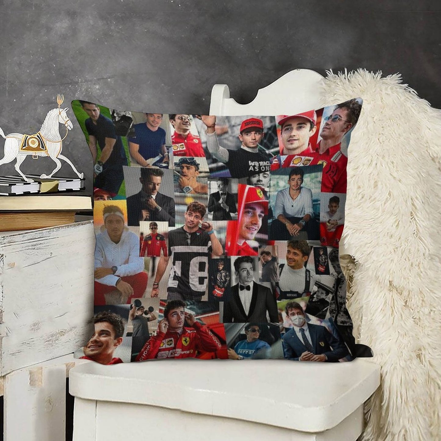Charles Leclerc Monacan Motorsports Racing Driver Collage Linen Throw Pillow Cover