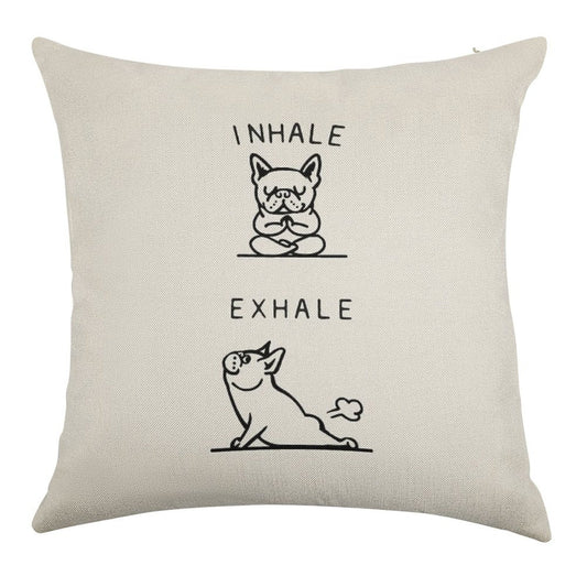 Inhale Exhale Frenchie Linen Throw Pillow Cover