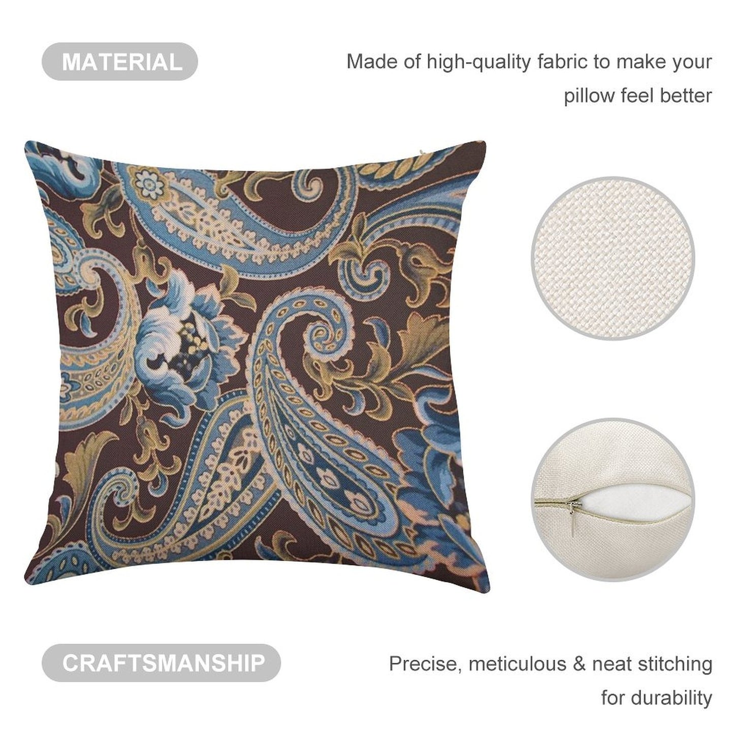 Blue Brown Vintage Paisley Linen Throw Pillow Cover
