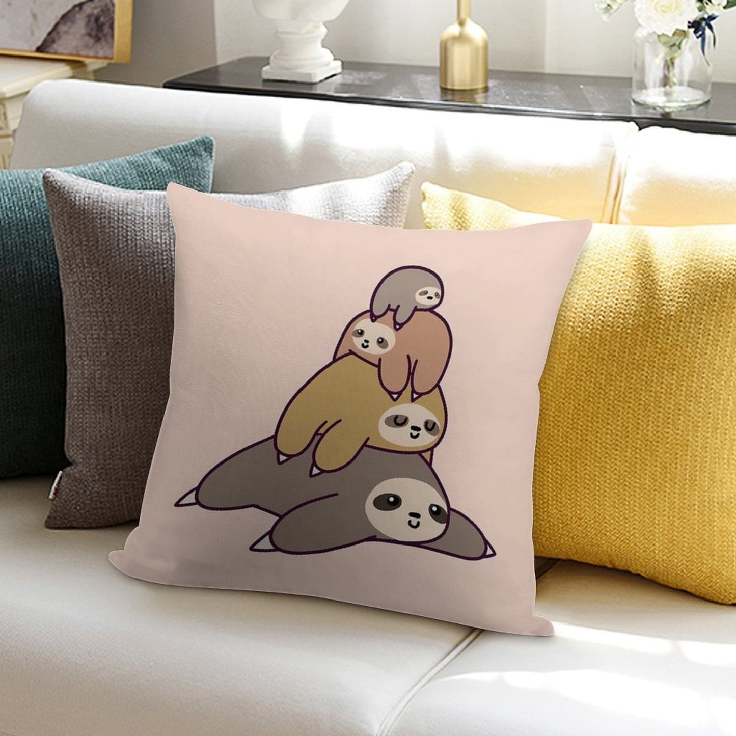 Sloth Stack Soft Short Plush Fabric Throw Pillow