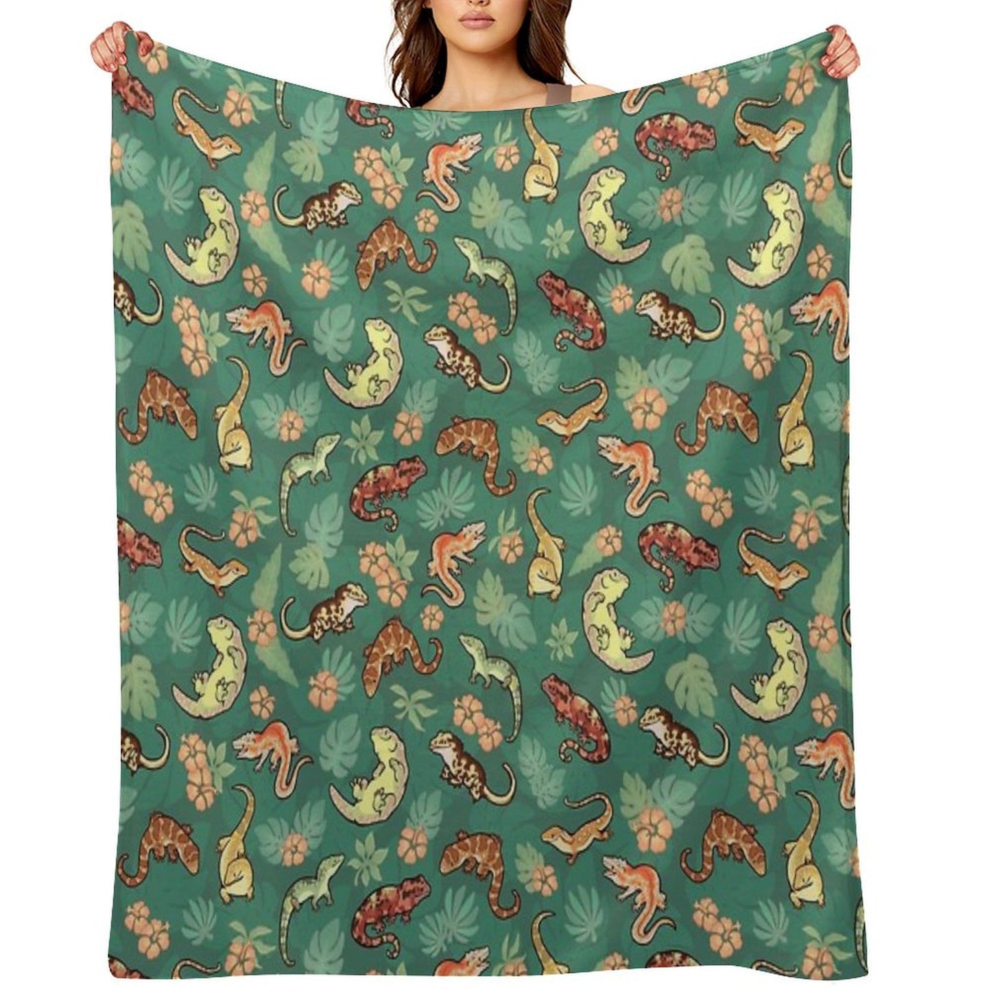 Gecko Family in Green Throw Blanket