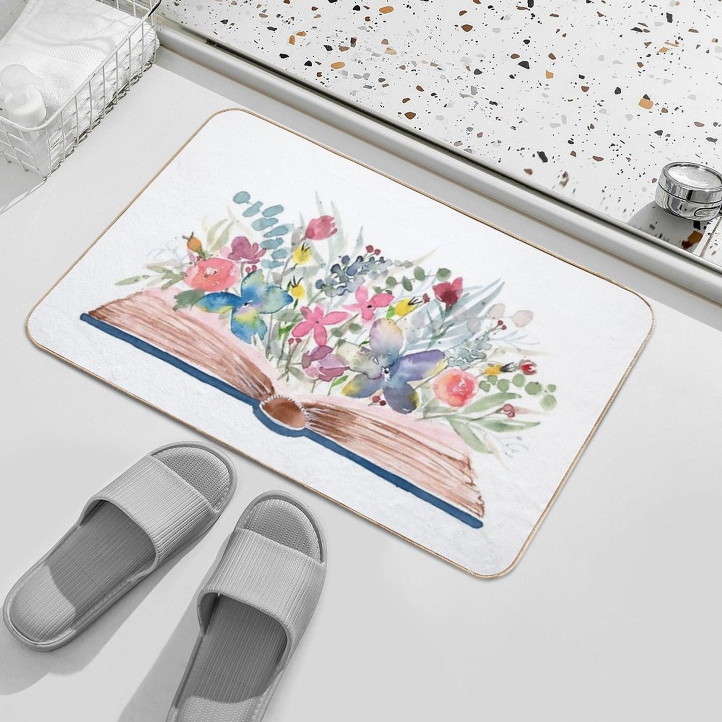 Watercolor Open Book with Florals Bath Mat