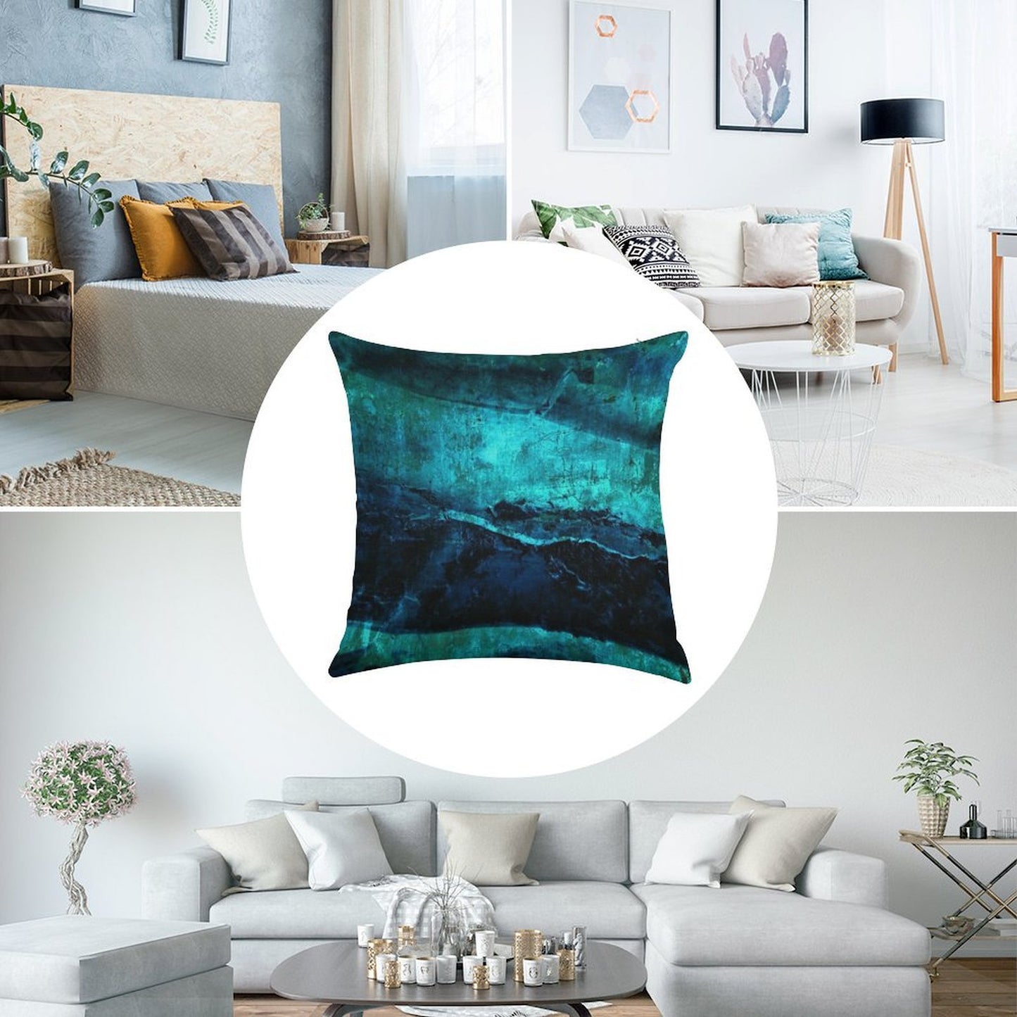 Beneath - Abstract in Navy Blue And Turquoise Linen Throw Pillow Cover