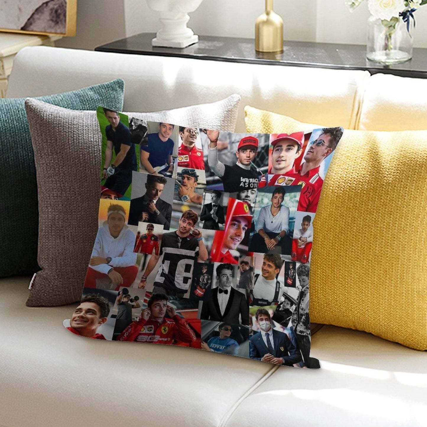 Charles Leclerc Monacan Motorsports Racing Driver Collage Soft Bedroom Essential Throw Pillow