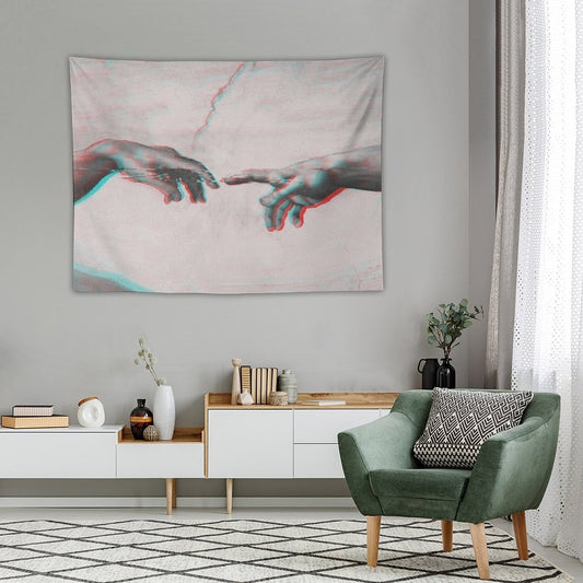The Creation of Adam in GLITCH - Wall Tapestries Sistine Chapel Near-touching Hands of God And Adam Red Colorized Tapestry
