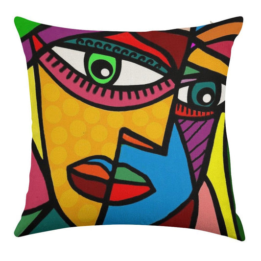 Funky Abstract Face Linen Throw Pillow Cover