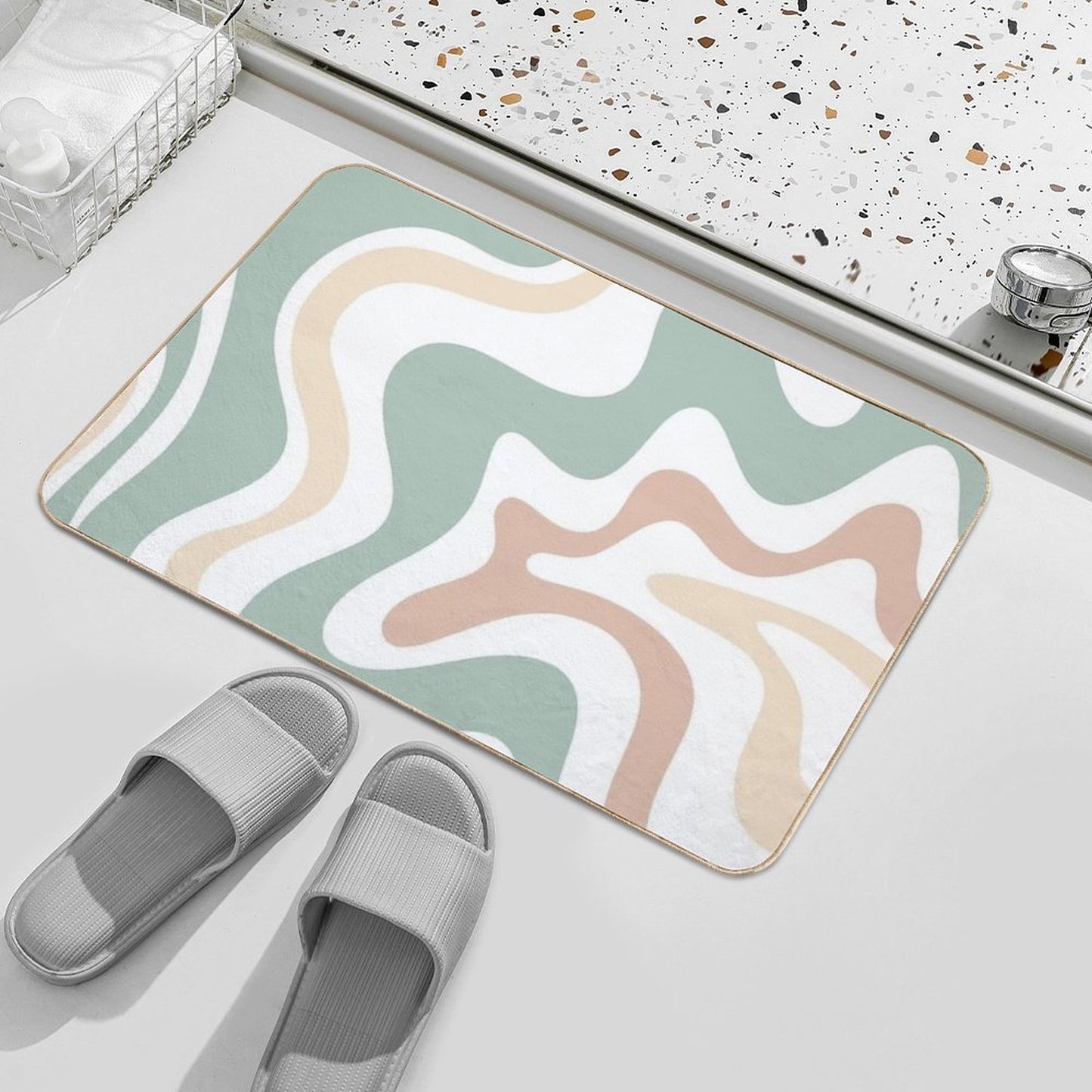 Liquid Swirl Retro Abstract in Light Sage Celadon Green, Light Blush, Cream, And White Bath Mat
