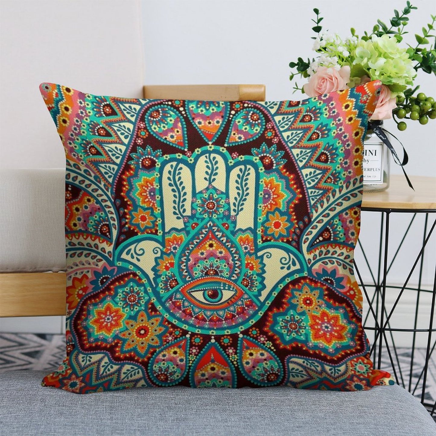Hamsa Hand Linen Throw Pillow Cover