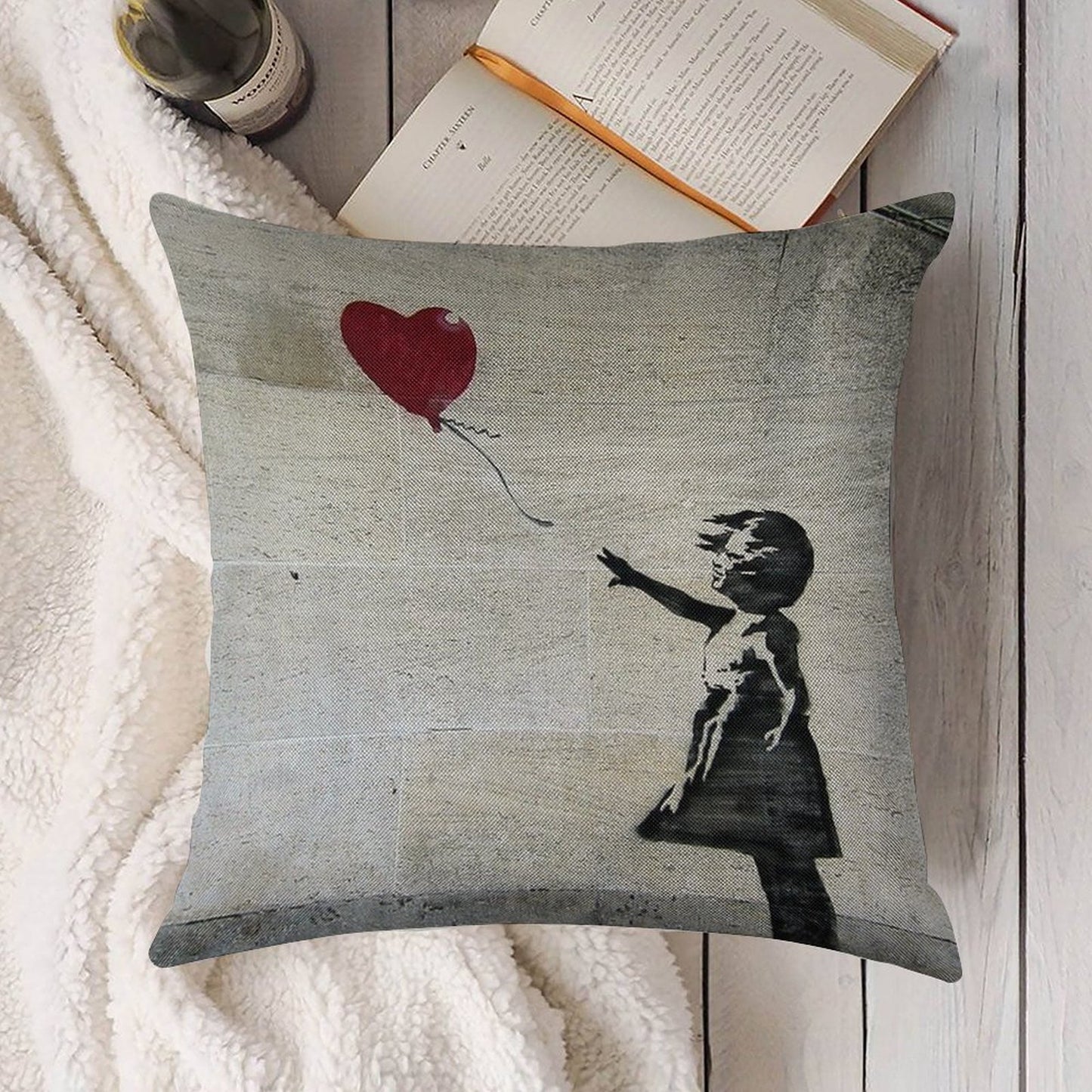Banksy's Girl with A Red Balloon Linen Throw Pillow Cover