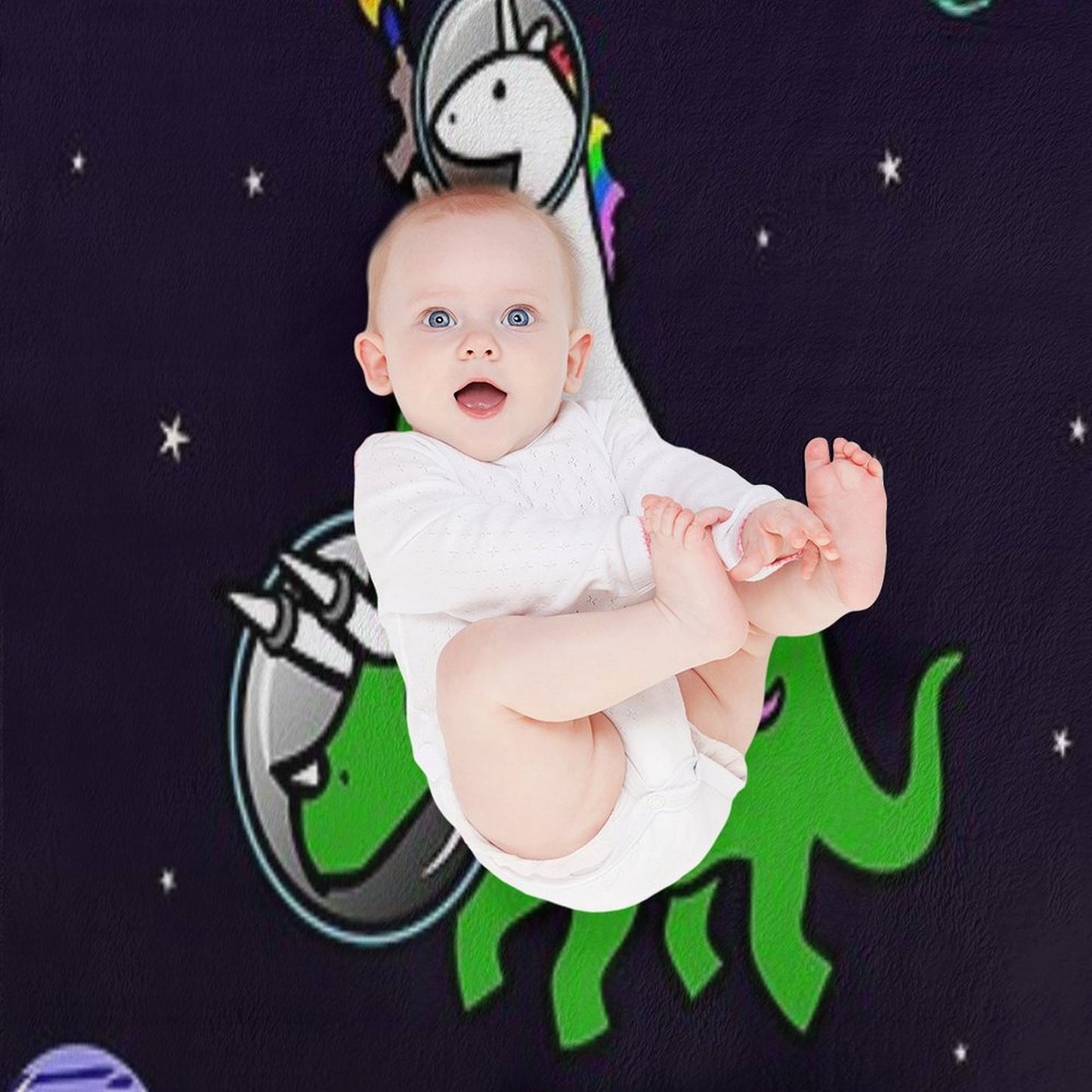 Unicorn Riding Triceratops In Space Throw Blanket