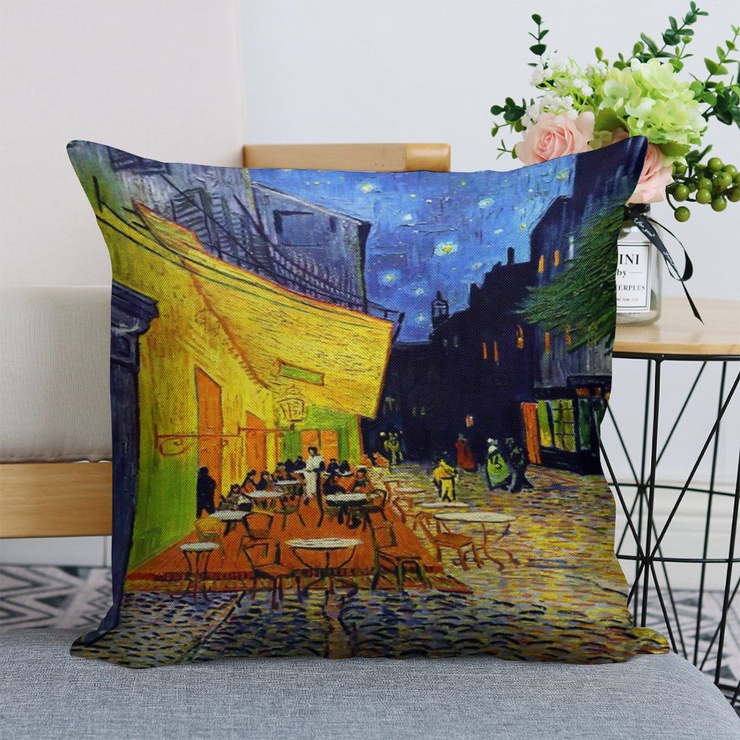 Cafe Terrace at Night - Van Gogh Linen Throw Pillow Cover