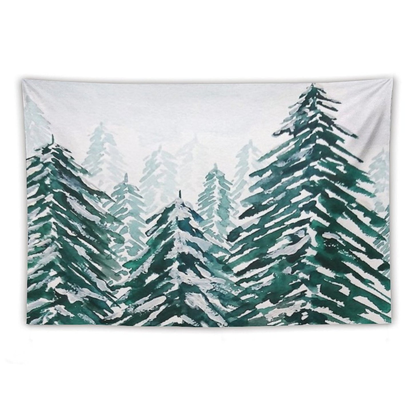 Hand Painted Snowy Pine Forest Green Tapestry