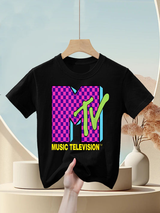 MTV Music Television Retro 80's Neon Pink Checkerboard Logo Kids T-Shirt