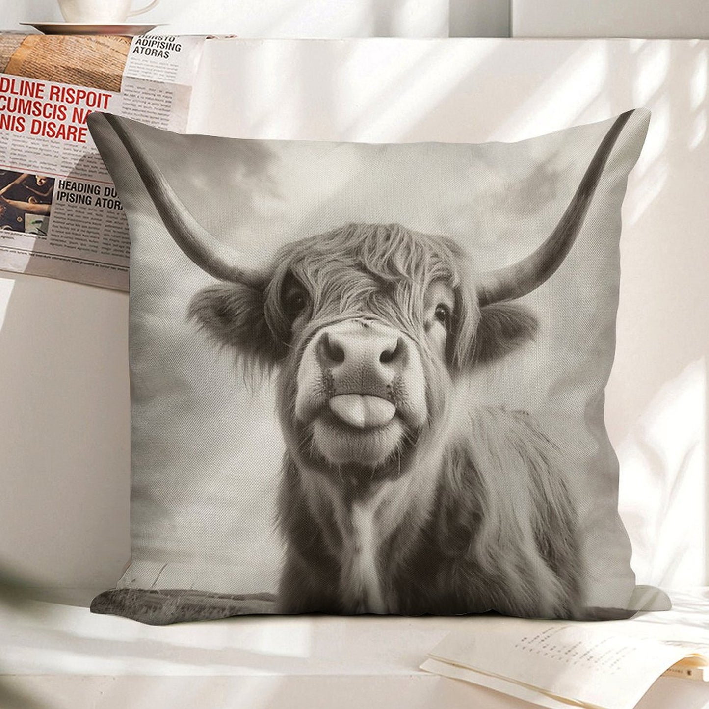 Cheeky Highland Cow Linen Throw Pillow Cover