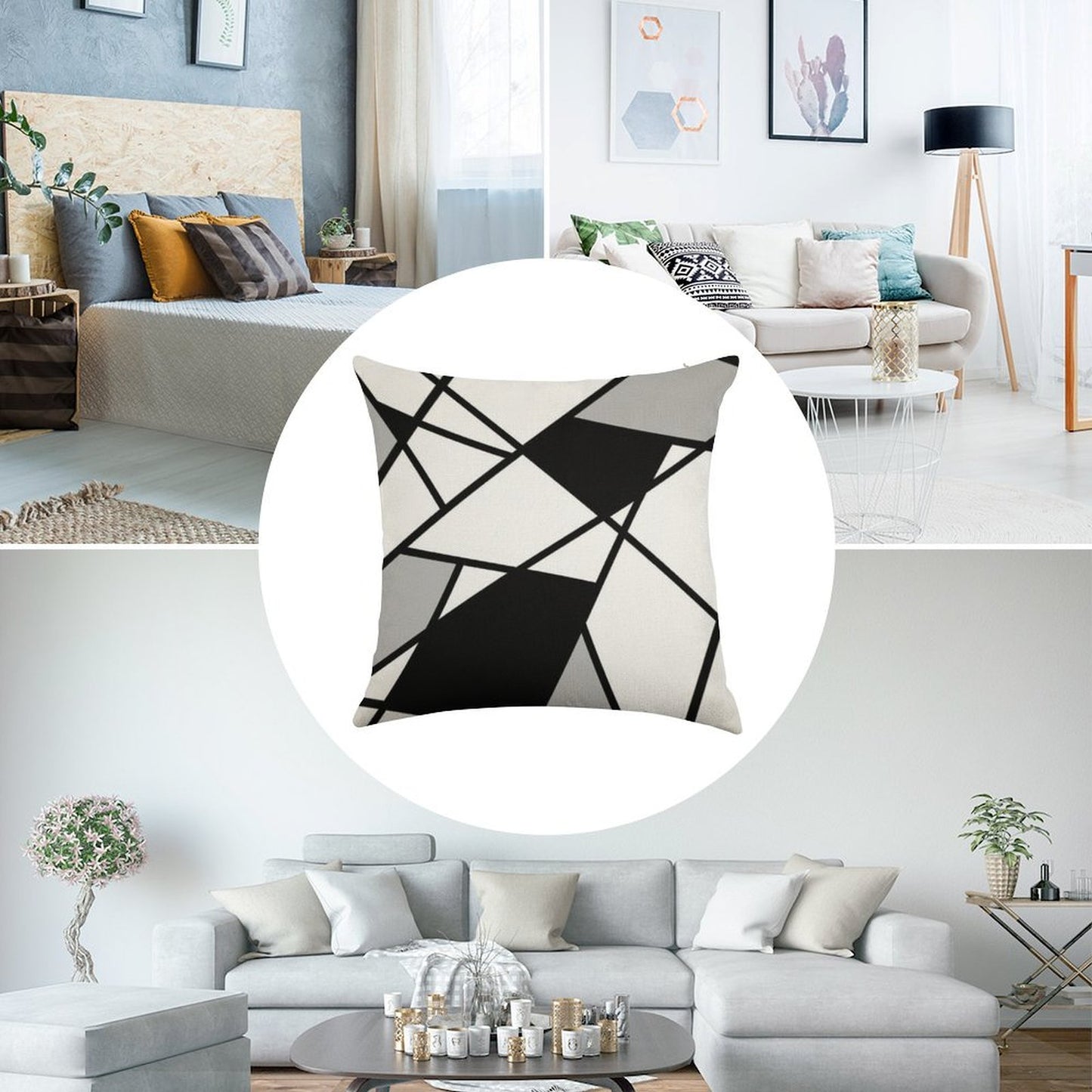 Black Modern Geometric Pattern Linen Throw Pillow Cover