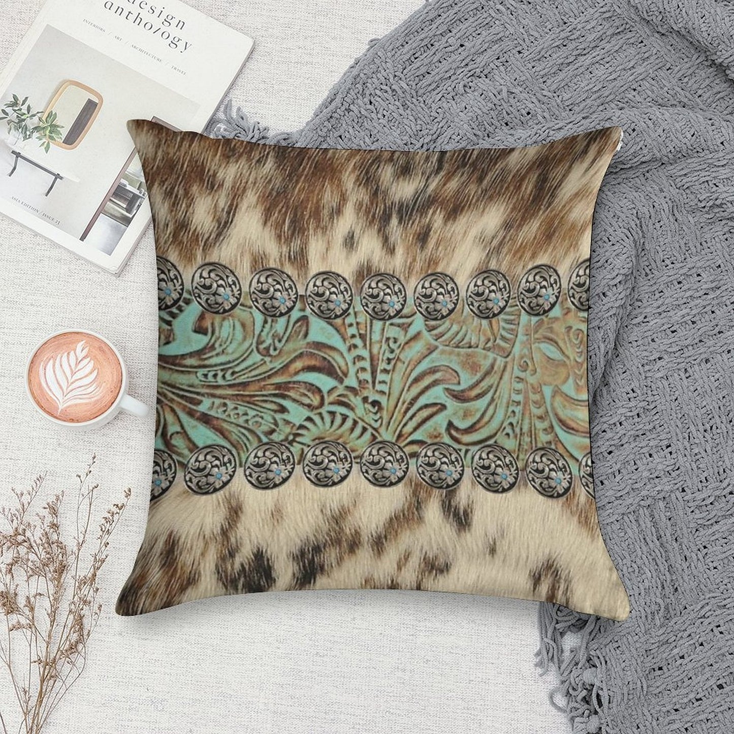 Rustic Brown Beige Teal Western Country Cowboy Fashion Soft Reinforced Edging Throw Pillow