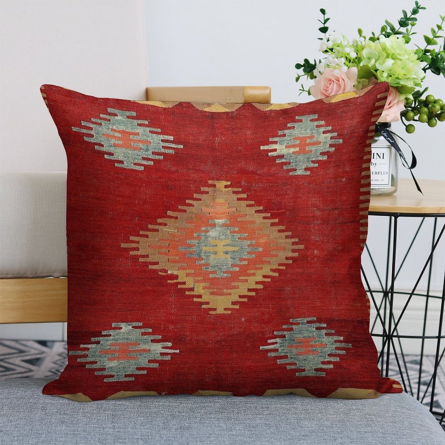 Çal Antique Turkish Kilim Print Linen Throw Pillow Cover