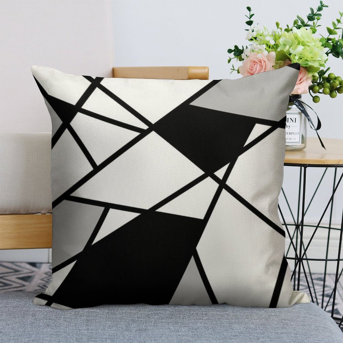 Black Modern Geometric Pattern Linen Throw Pillow Cover