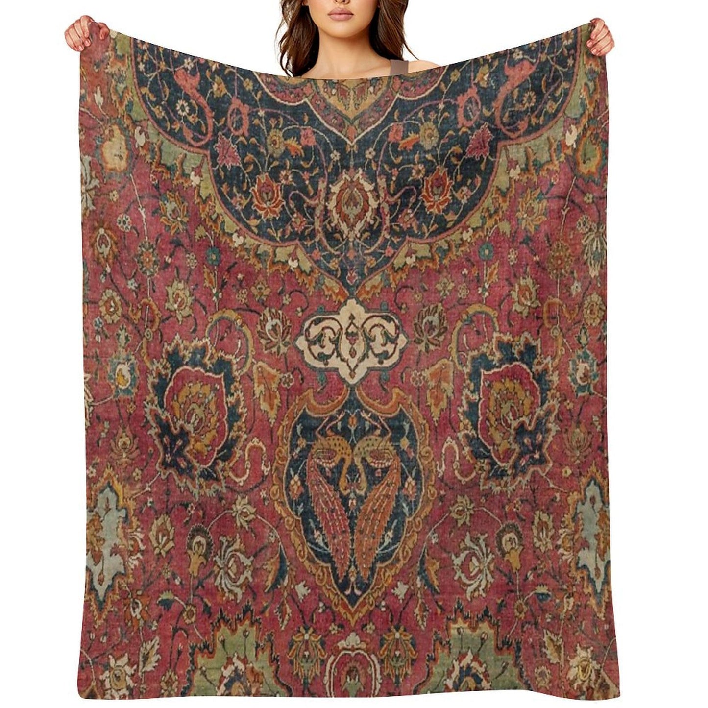 Persian Medallion Rug VIII 16th Century Distressed Red Green Blue Flowery Colorful Ornate Pattern Throw Blanket