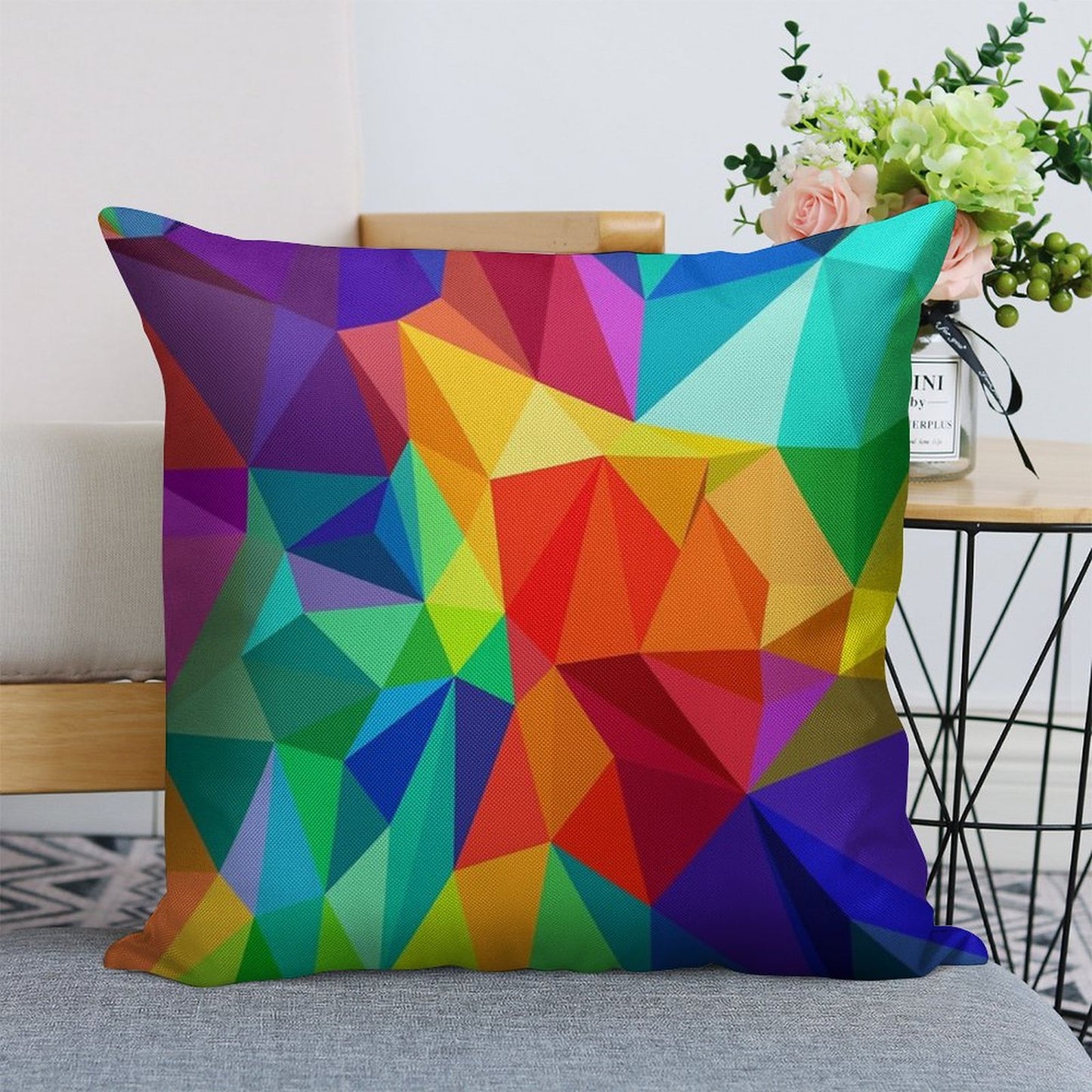 Bright Colorful Geometric Rainbow Design Linen Throw Pillow Cover
