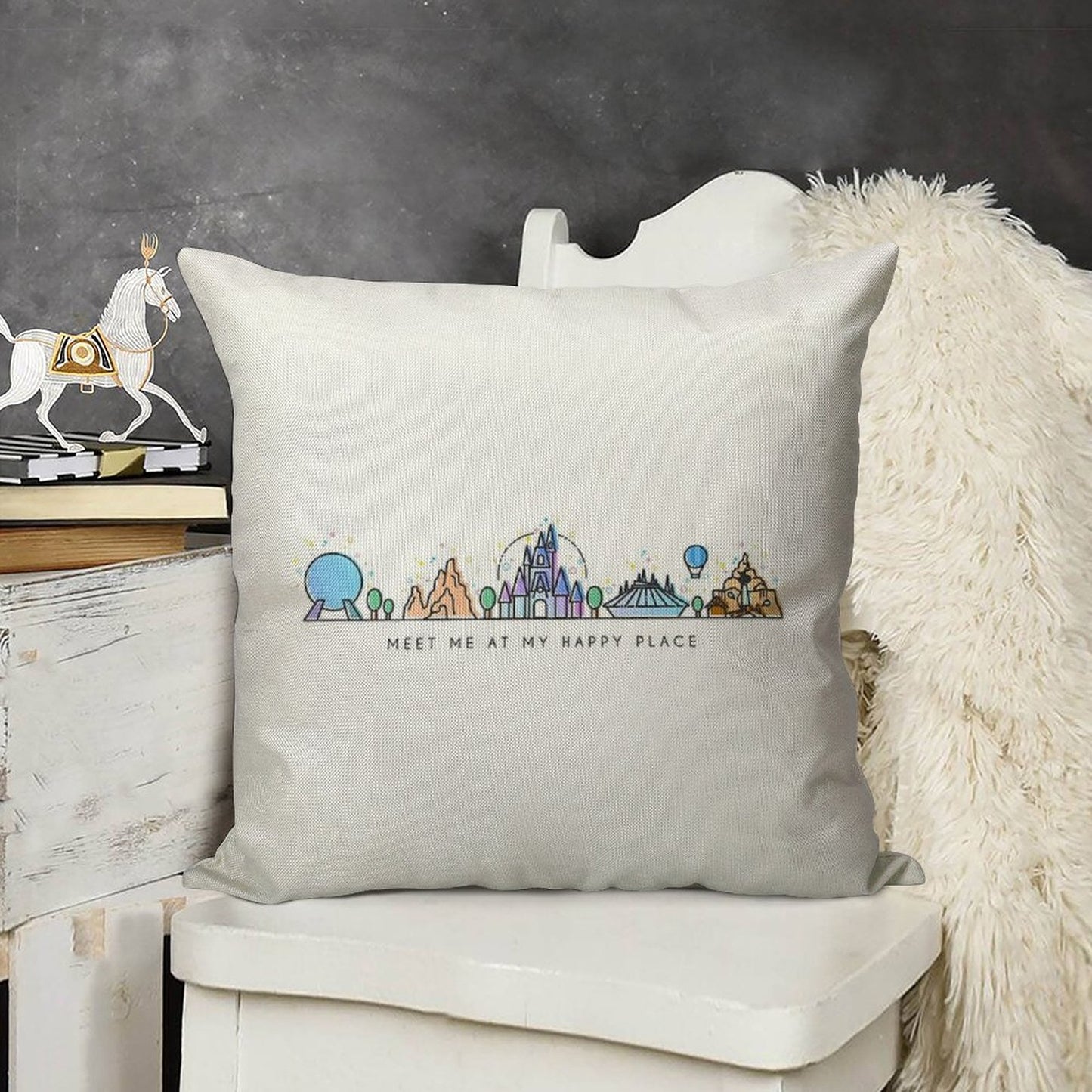 Meet Me at My Happy Place Vector Orlando Theme Park Illustration Design Linen Throw Pillow Cover