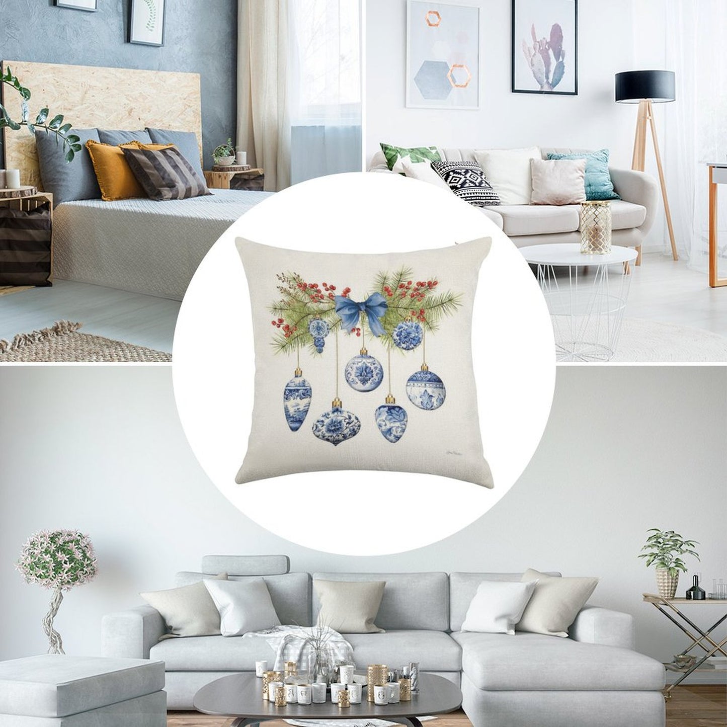 Blue Chinoiserie Christmas A Linen Throw Pillow Cover