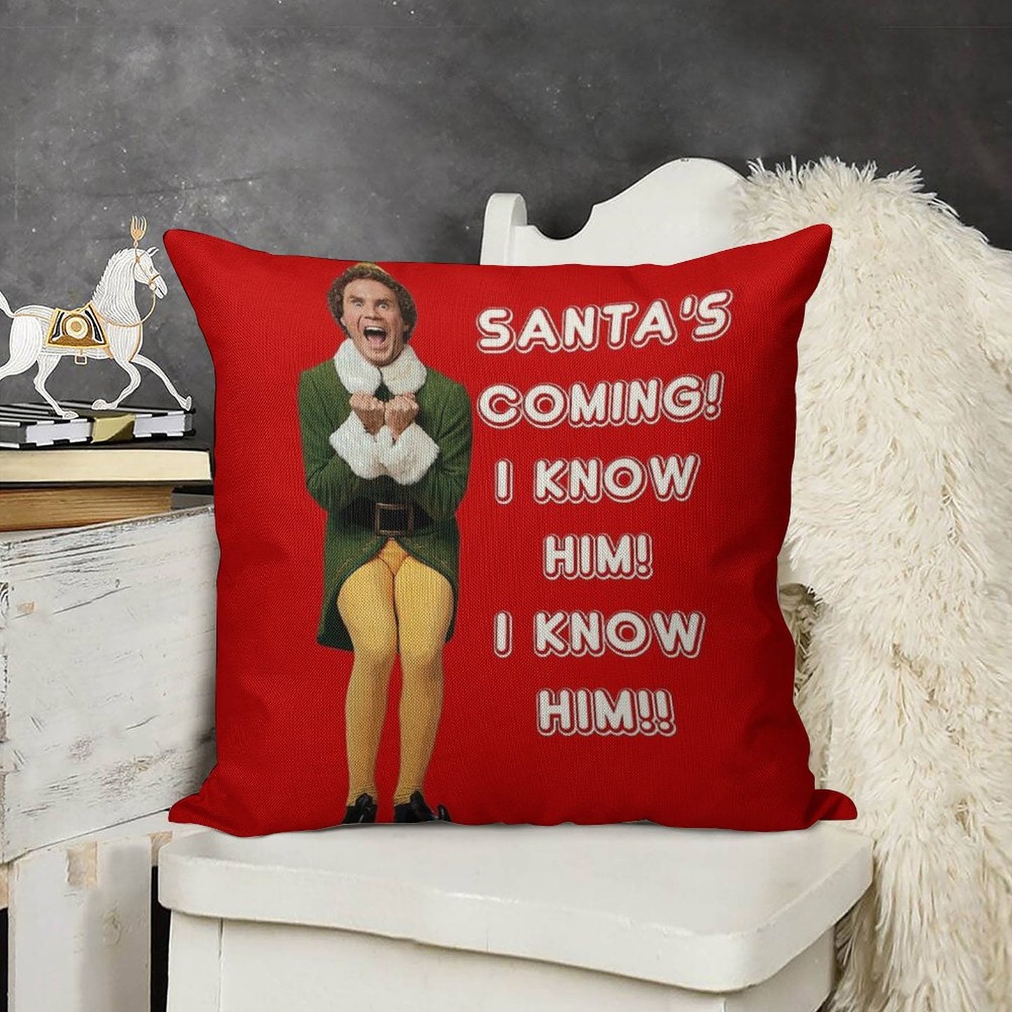 SANTA'S COMING! I KNOW HIM! Elf The Movie Will Ferrell Buddy Christmas Linen Throw Pillow Cover