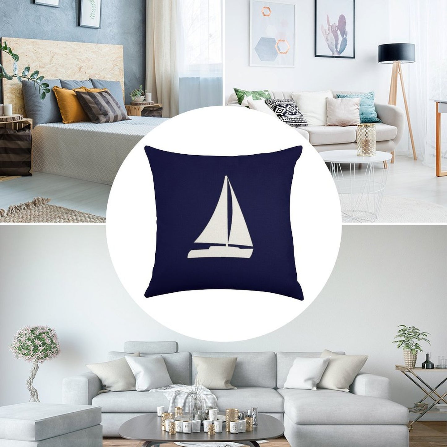 Sailboat Silhouette On Navy Blue Linen Throw Pillow Cover
