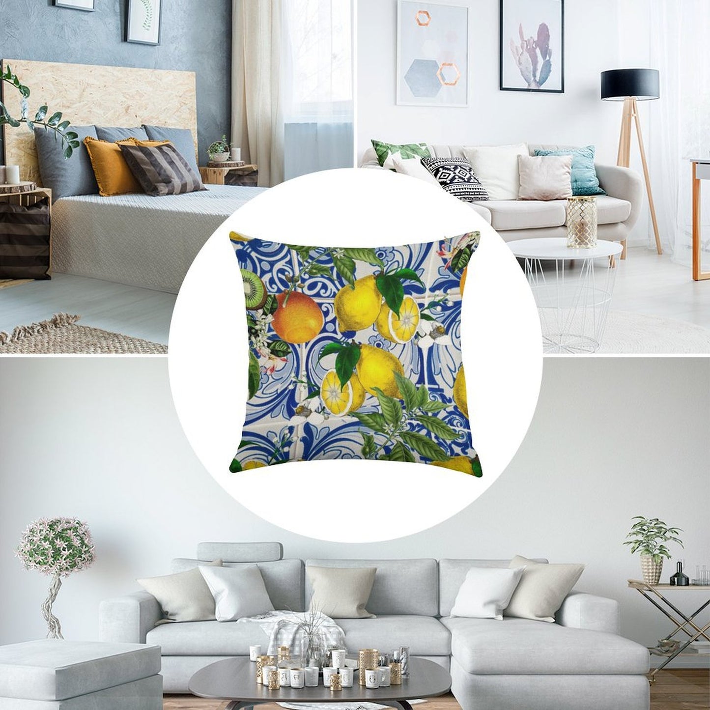 Mediterranean Lemon on Blue Ceramic Tiles Linen Throw Pillow Cover