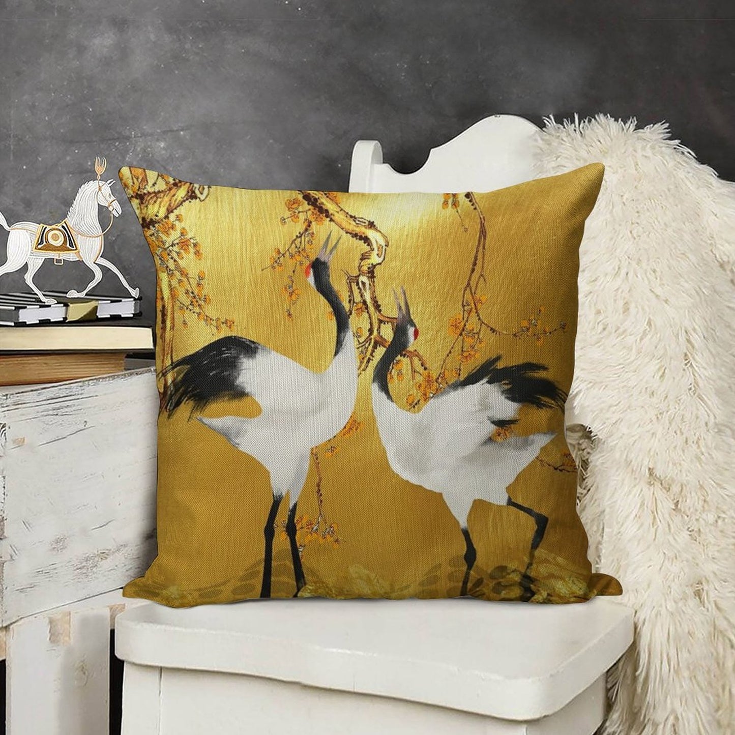 Golden Cranes Japanese Art Linen Throw Pillow Cover