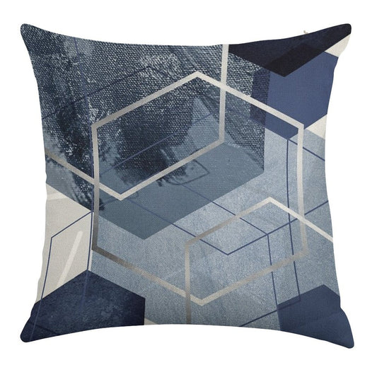 Blue And Grey Geo Linen Throw Pillow Cover