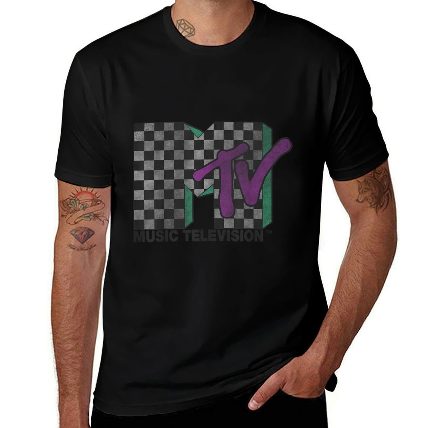MTV Checkered Distressed Retro Logo High-quality Stitching T-Shirt