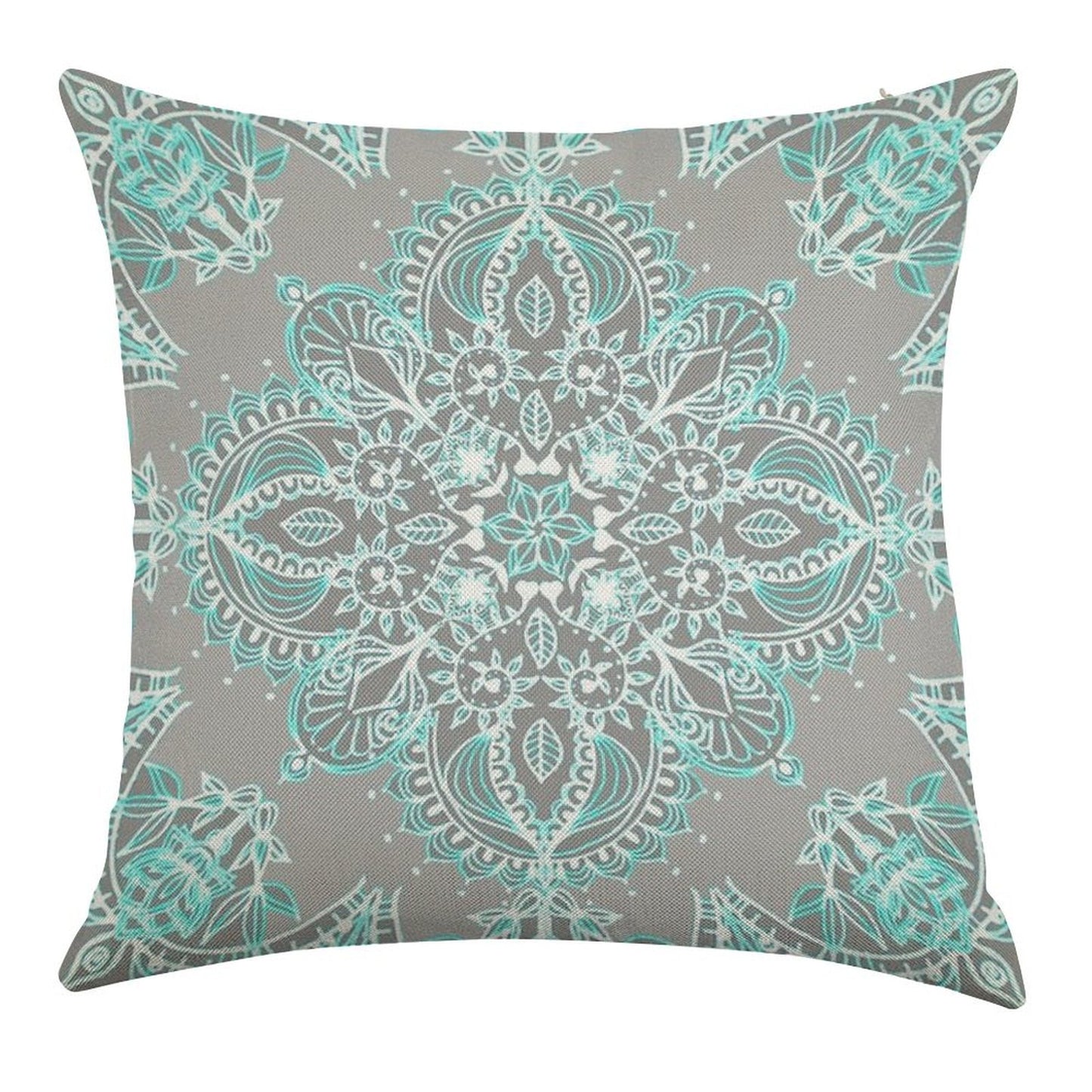 Teal And Aqua Lace Mandala on Grey Linen Throw Pillow Cover