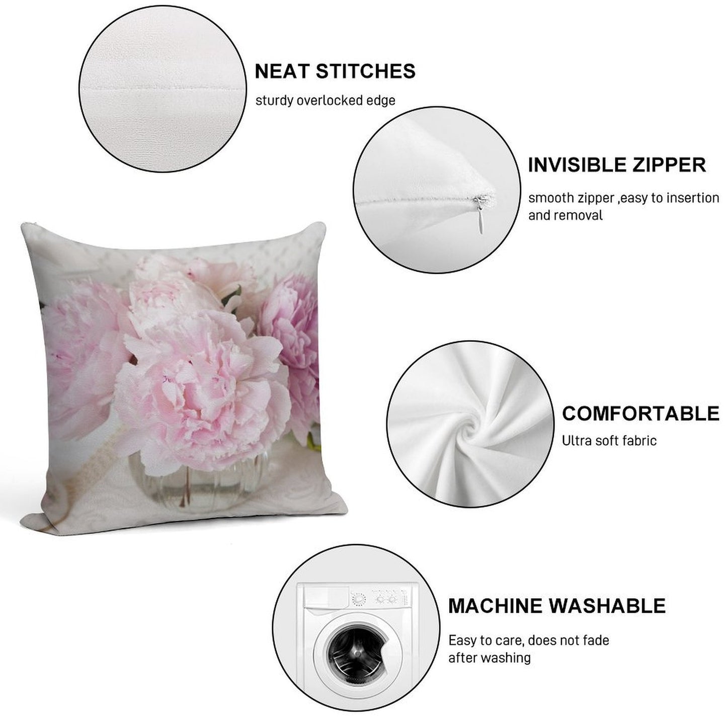Pink Peonies Soft Hidden Zipper Throw Pillow