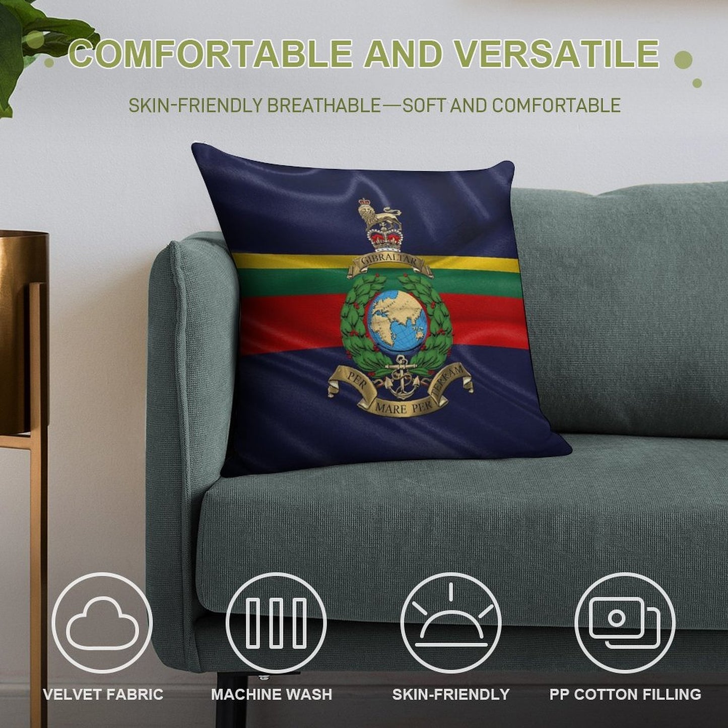 Royal Marines - RM Badge over Royal Marine Flag Soft High-Density Material Throw Pillow