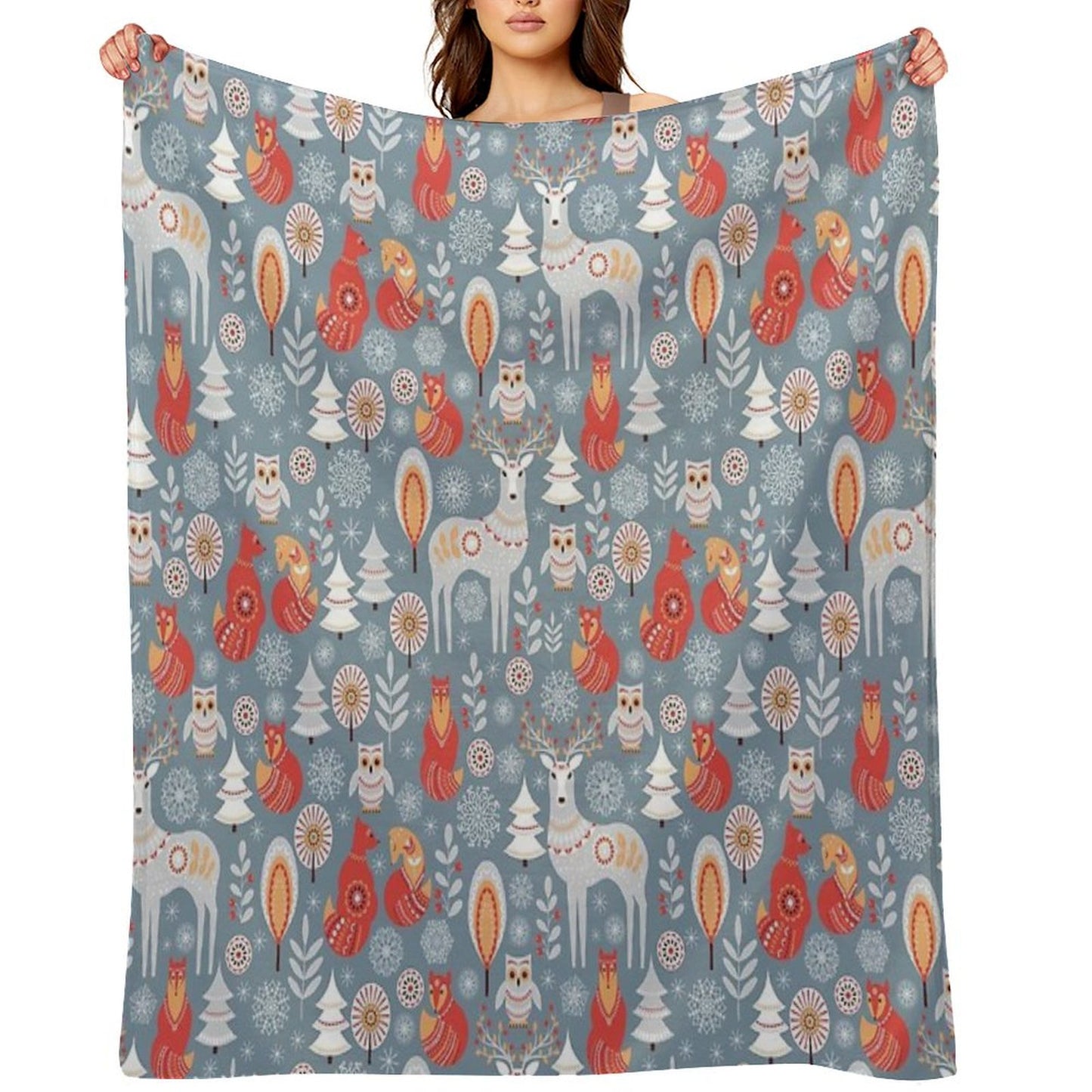 Seamless Pattern with Winter Forest, Deer, Owl And Fox. The Scandinavian Style. Throw Blanket