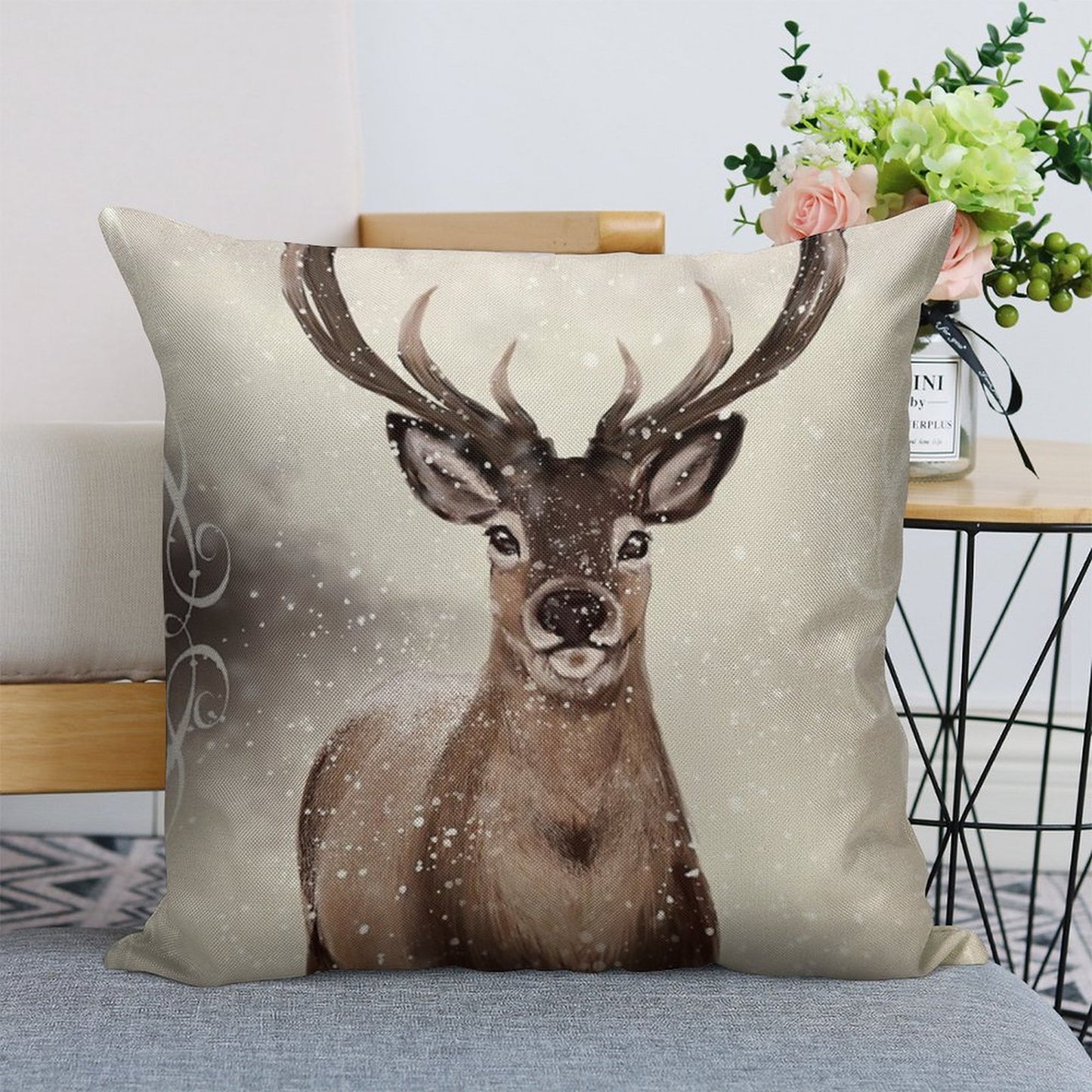 Winter Deer Linen Throw Pillow Cover