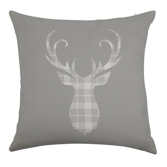 Grey Tartan Stag Head Linen Throw Pillow Cover