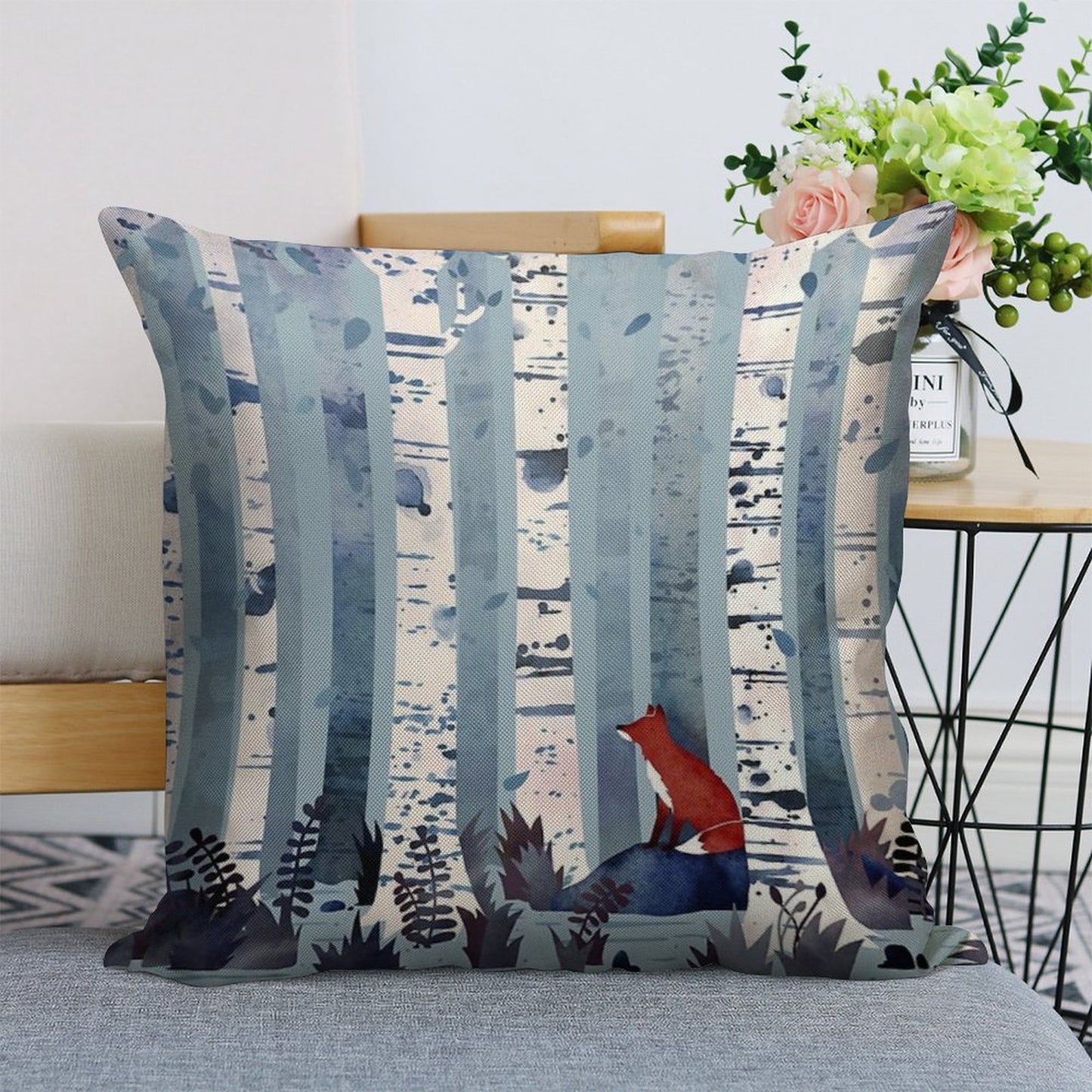 The Birches (in Blue) Linen Throw Pillow Cover
