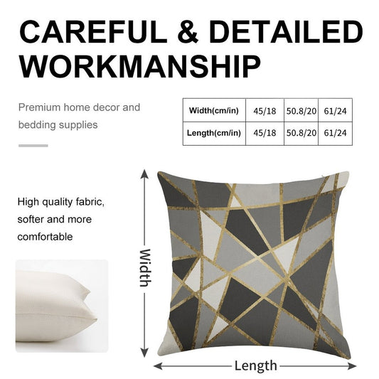 Black & Gray Modern Geo Gold Triangles Linen Throw Pillow Cover