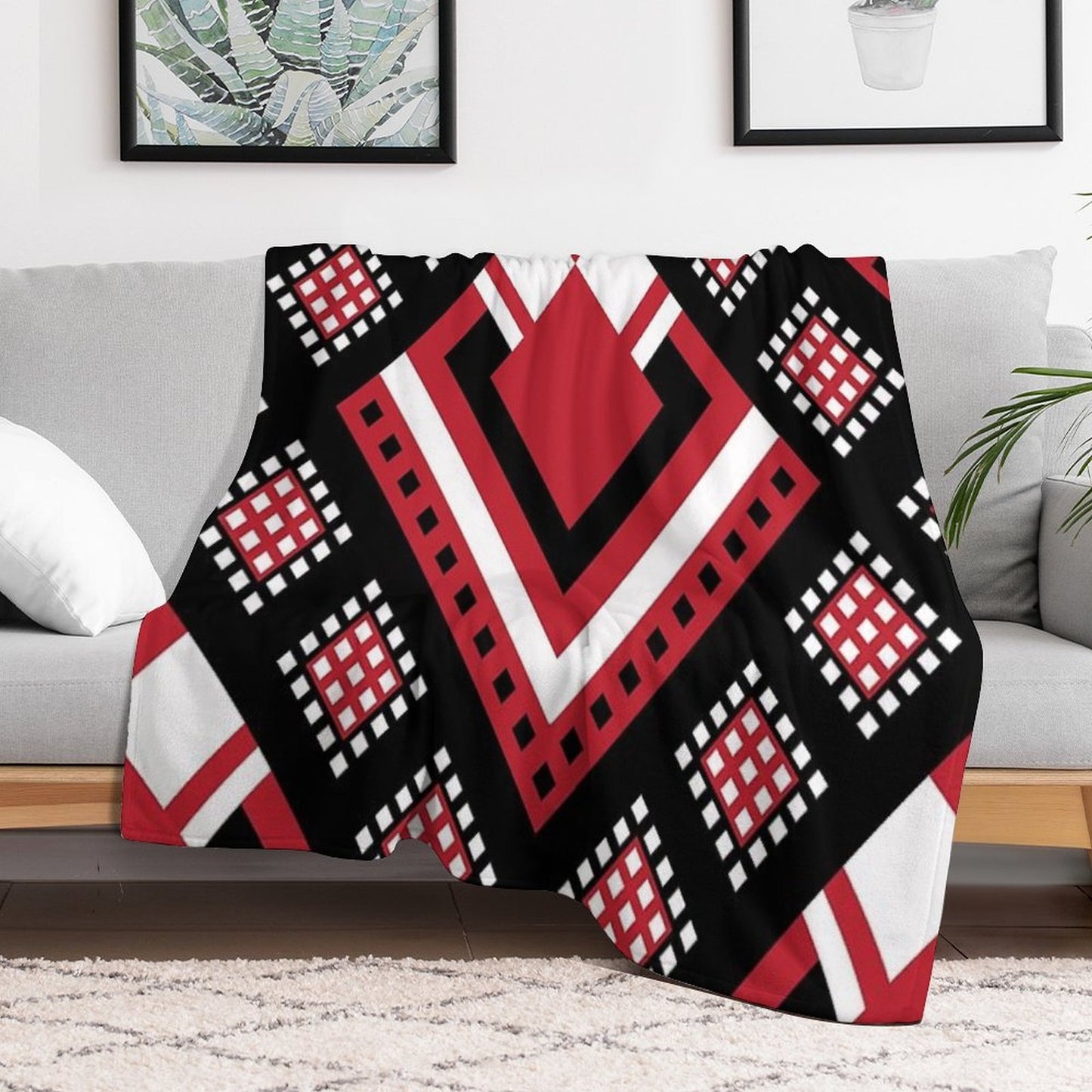 Modified Traditional Retso Pattern- Zimbabwe (Red, White And Black) Throw Blanket