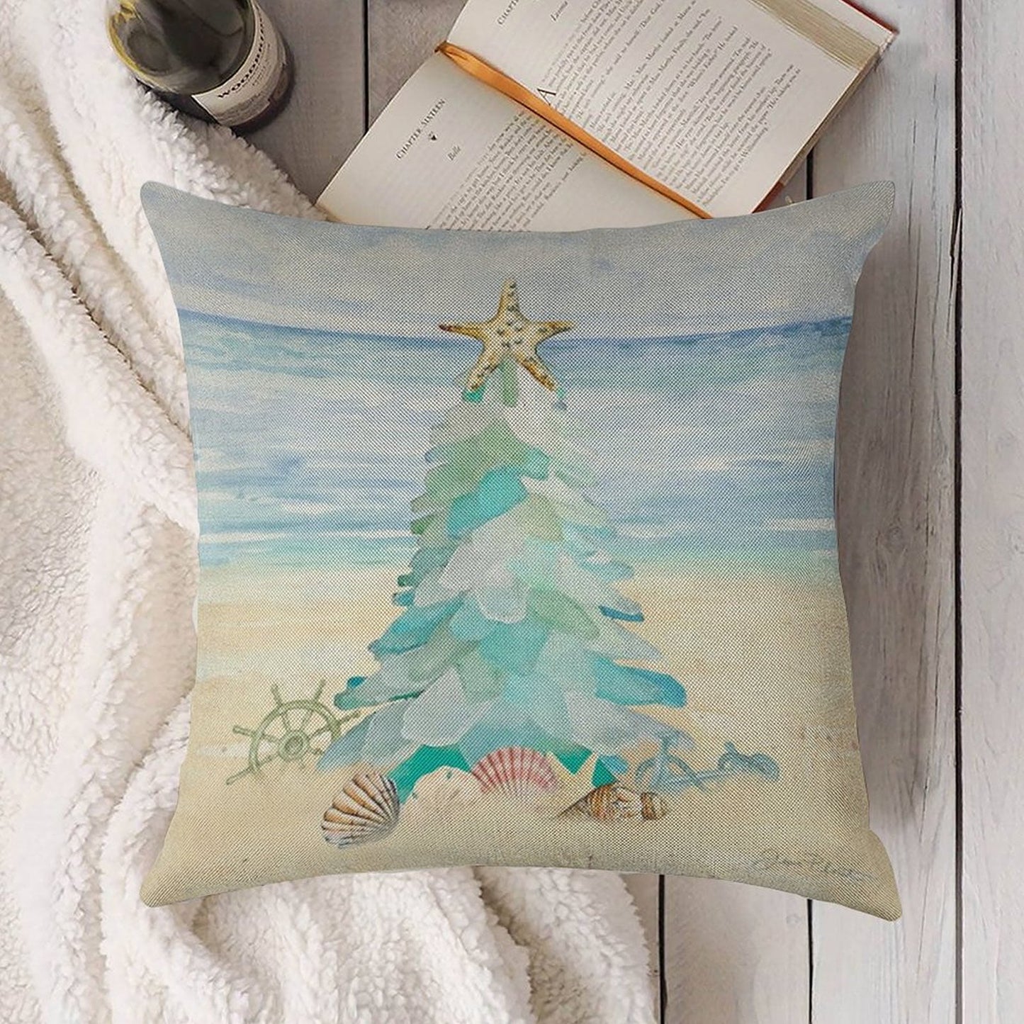 Coastal Seaglass Christmas Tree B Linen Throw Pillow Cover