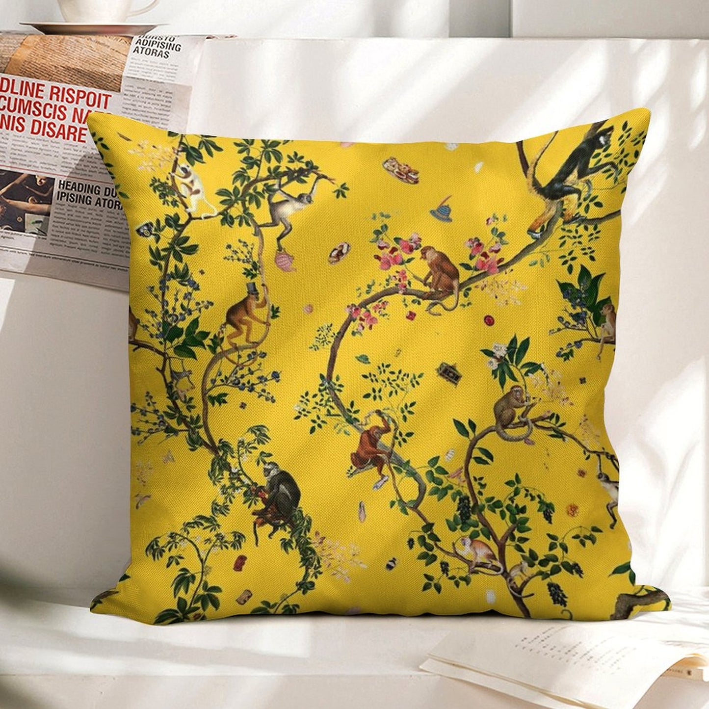 Monkey World Yellow Linen Throw Pillow Cover