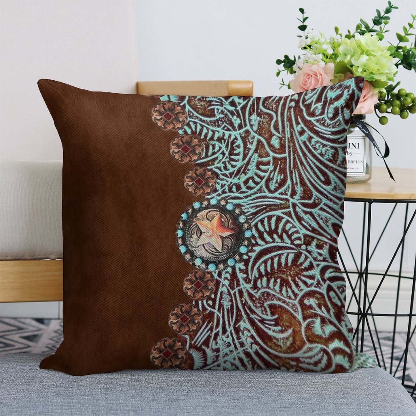 Primitive Cowboy Cowgirl Western Country Brown Turquoise Linen Throw Pillow Cover