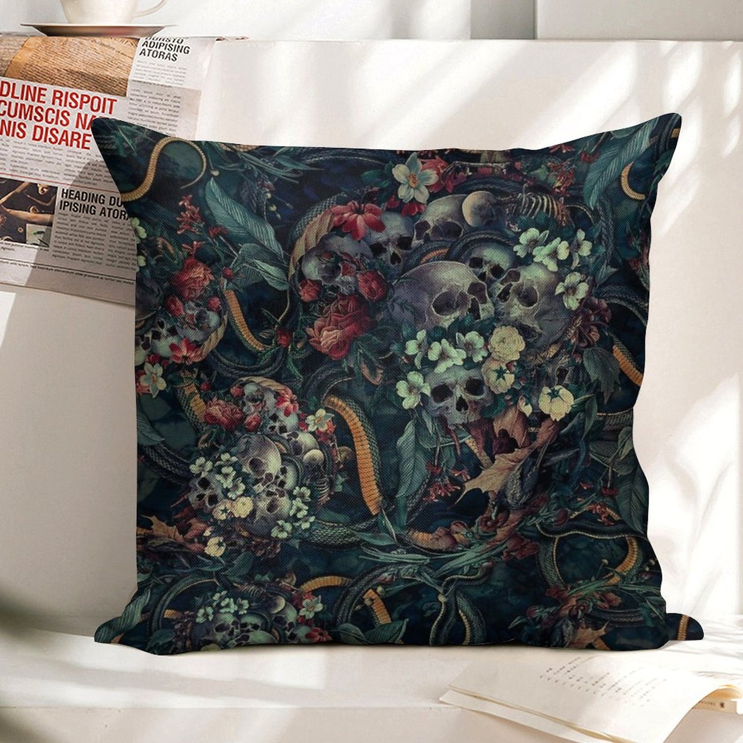 Skulls And Snakes Linen Throw Pillow Cover